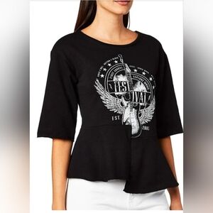 WILLIAM RAST Festival Guitar Graphic Peplum Top Black 1/2 Sleeves Sz Large